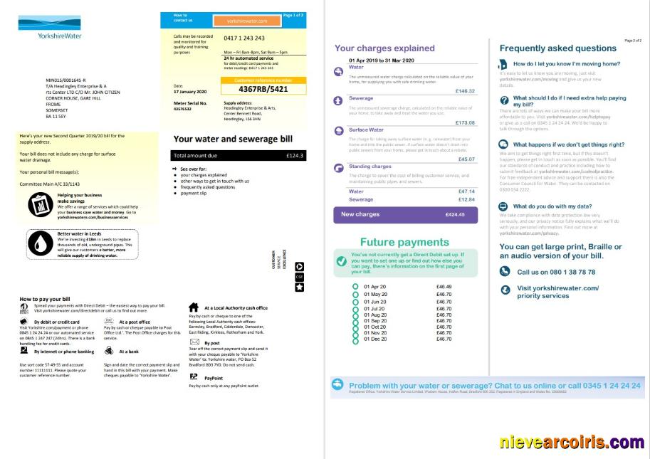 United Kingdom Yorkshire water utility bill 2 pages